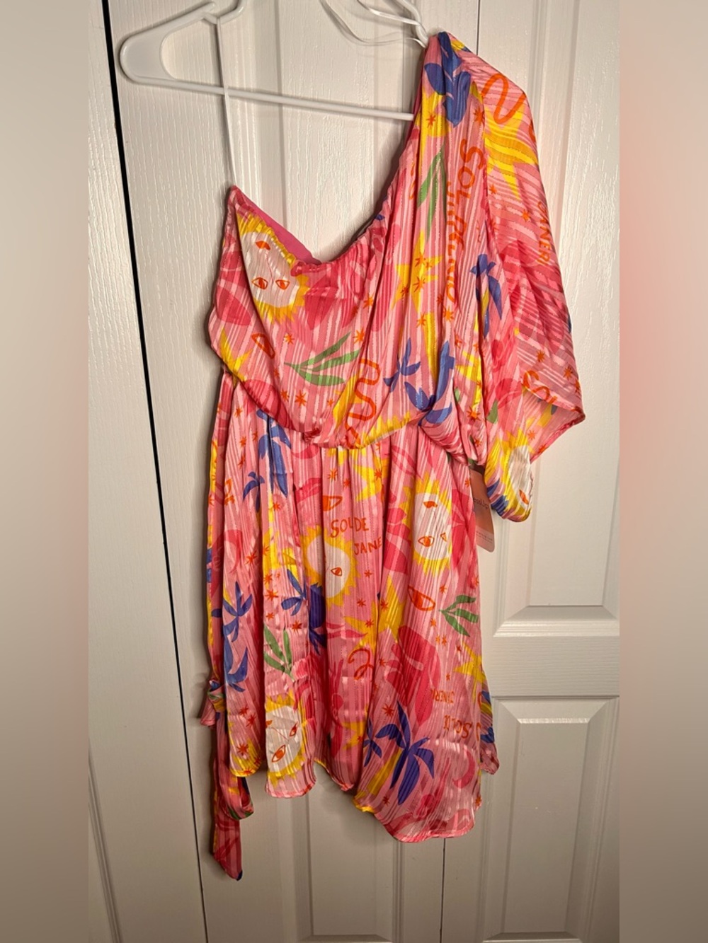 Hudson Gray Womens Medium One Shoulder Belted Tropical Pink Print Mini Dress NWT